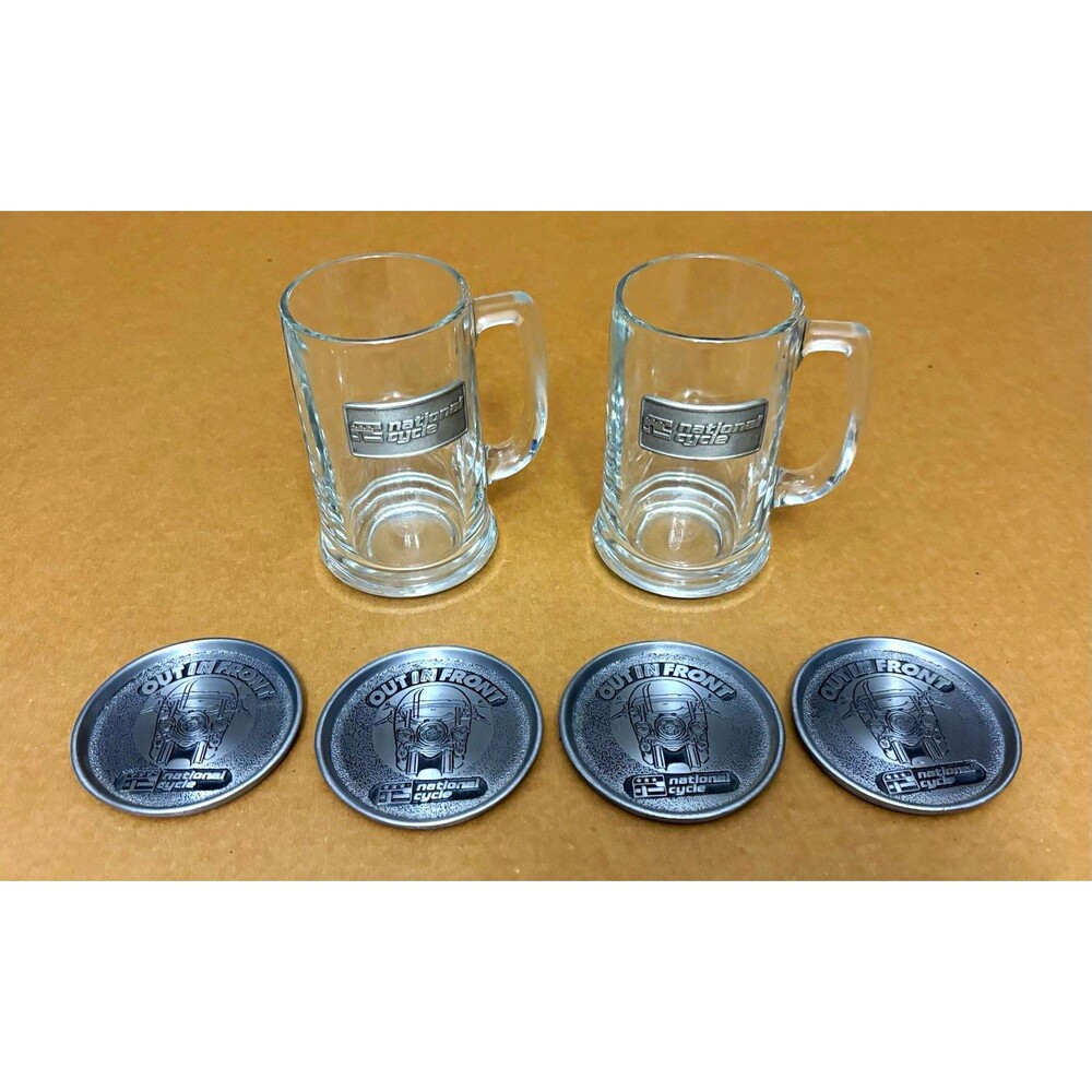 National Cycle Clear/Silver Mini Beer Mugs w/ Handles (2) & Coasters (4)